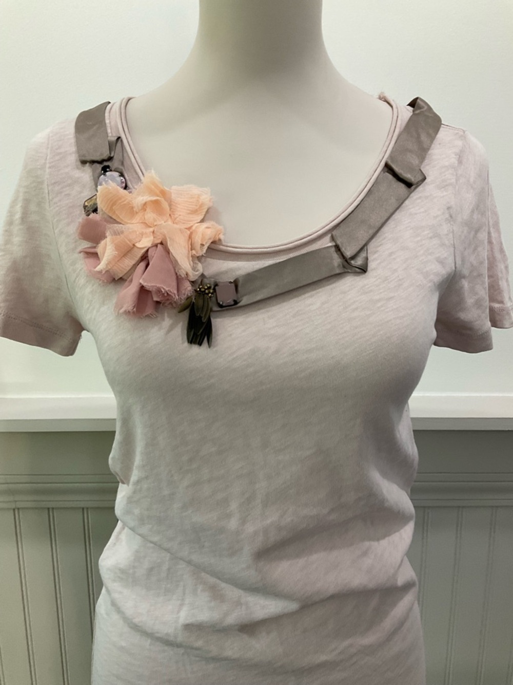 J.Crew Embellished Floral Ribbon Tee Blush Pink Short Sleeve Top Size S